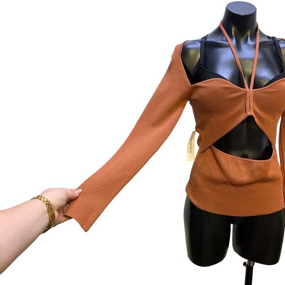 NWT Bardot Cutout Knit Top In Terracotta Brown Long Sleeves Size L - Picture 3 of 6
